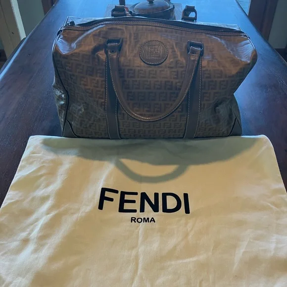Fendi Brown FF Logo Canvas Duffel Bag with Dark Trim - Picture 6 of 7